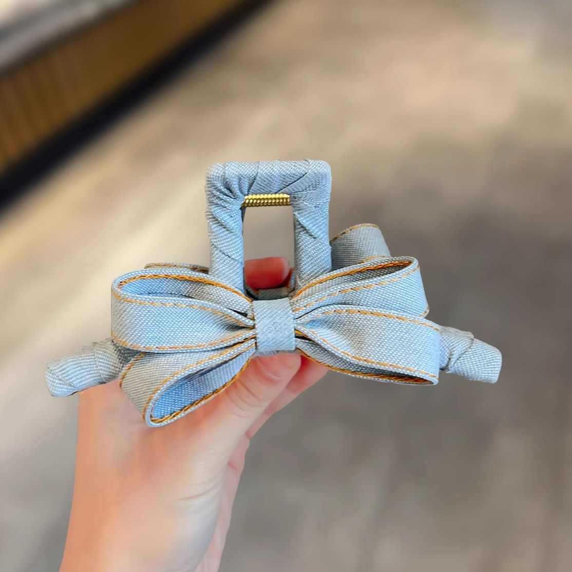 Korean Denim Bow Hair Claw: High-End Large Elegant Shark Clip.