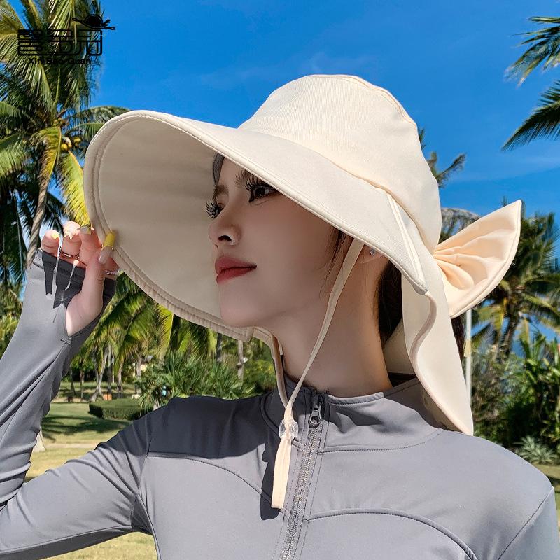 Spring and Summer Big Eaves Shawl Neck Protector Bucket Hat Outdoor Sun Protection Sun Hat Fashion with Ponytail Hole Hat Women