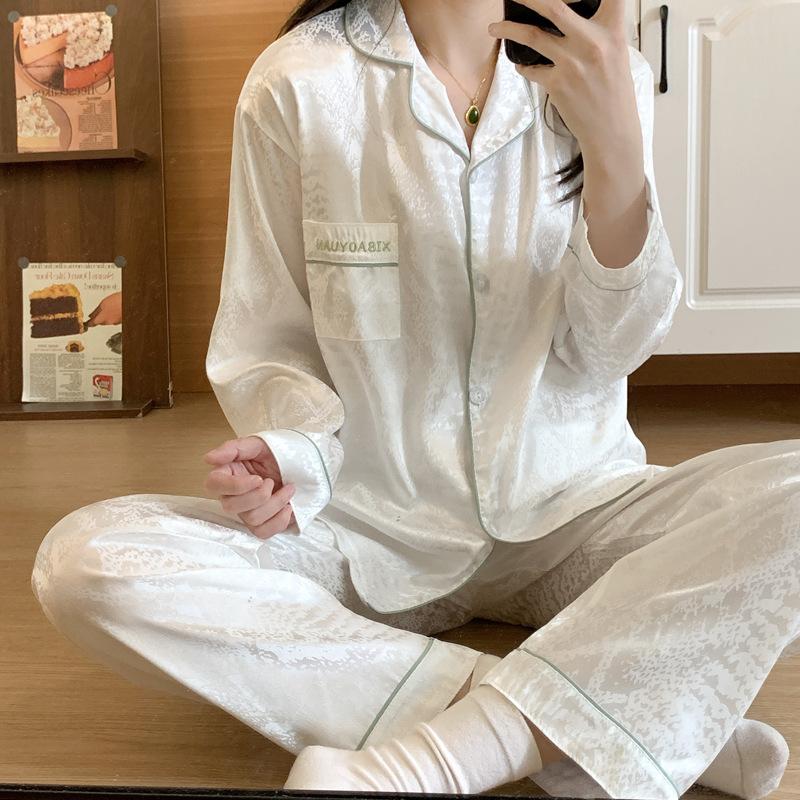 Ice Silk Pajamas Women'S Spring And Summer Long-Sleeved High-End Nordic Style Simple Silk Loungewear