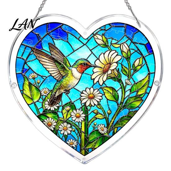 Colorful Pattern Wall Hanging Acrylic Puzzle Suncatcher, Window Pendant, Heart Shape Stained Glass Realistic Effect Style Sun Catcher Decoration,