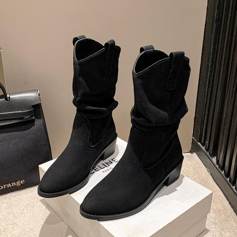 European and American Large-size Women's Martin Boots Women's 2025 Autumn and Winter New Pointed Sleeve Square Heel Medium Tube Boots