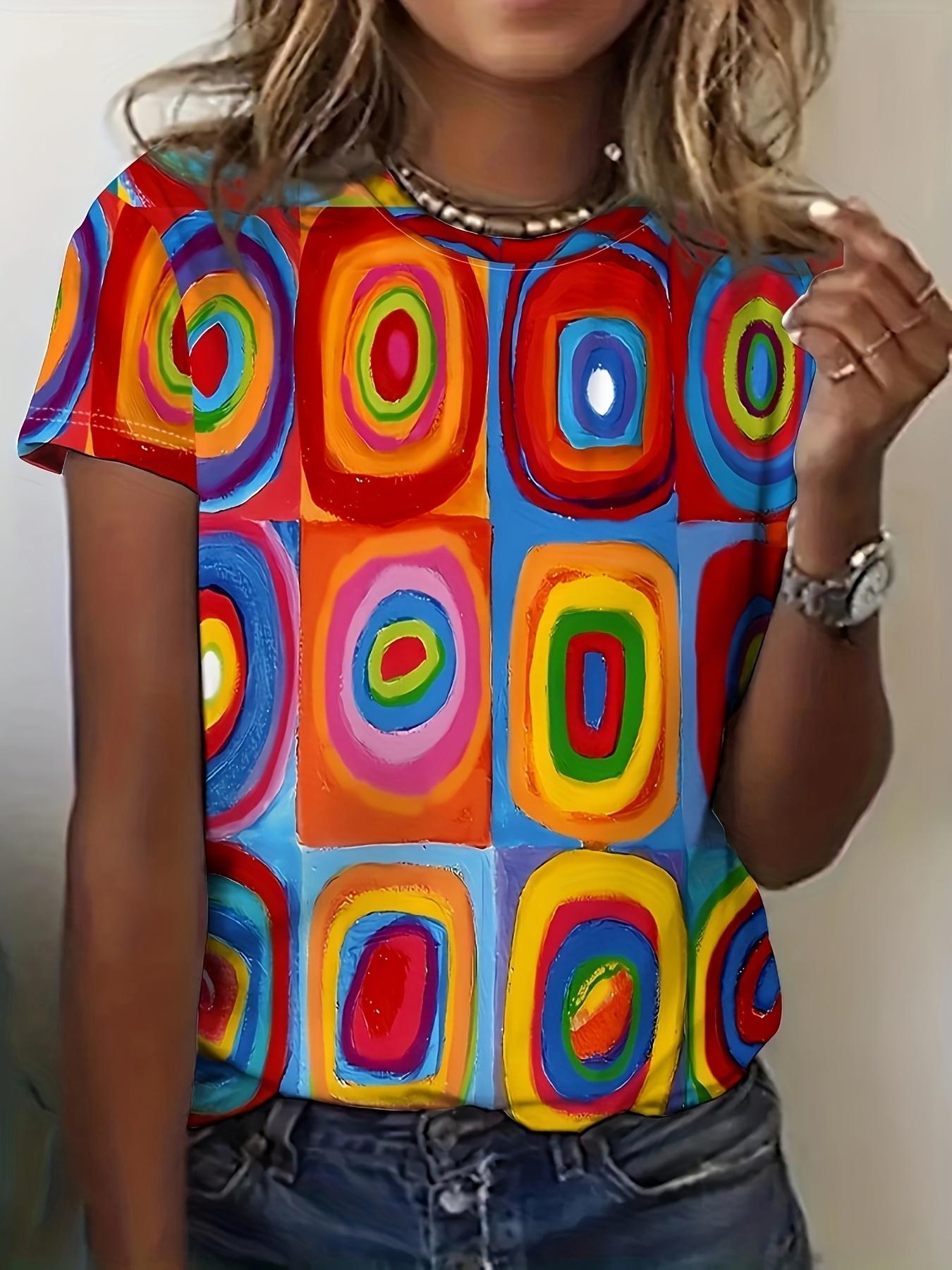 

Women s Casual Short Sleeve T-Shirt- Bright Geometric Pattern Round Neck Top. Breathable and Machine Washable Fabric for Spring and Summer. Bold Color S дубильная кора