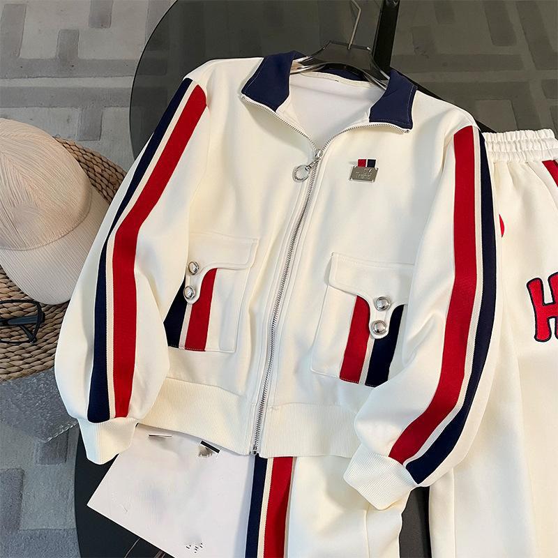 White Standing Collar Contrasting Zippered top for Women's Spring and Autumn Seasonal College style Casual Wide Long Sleeved set