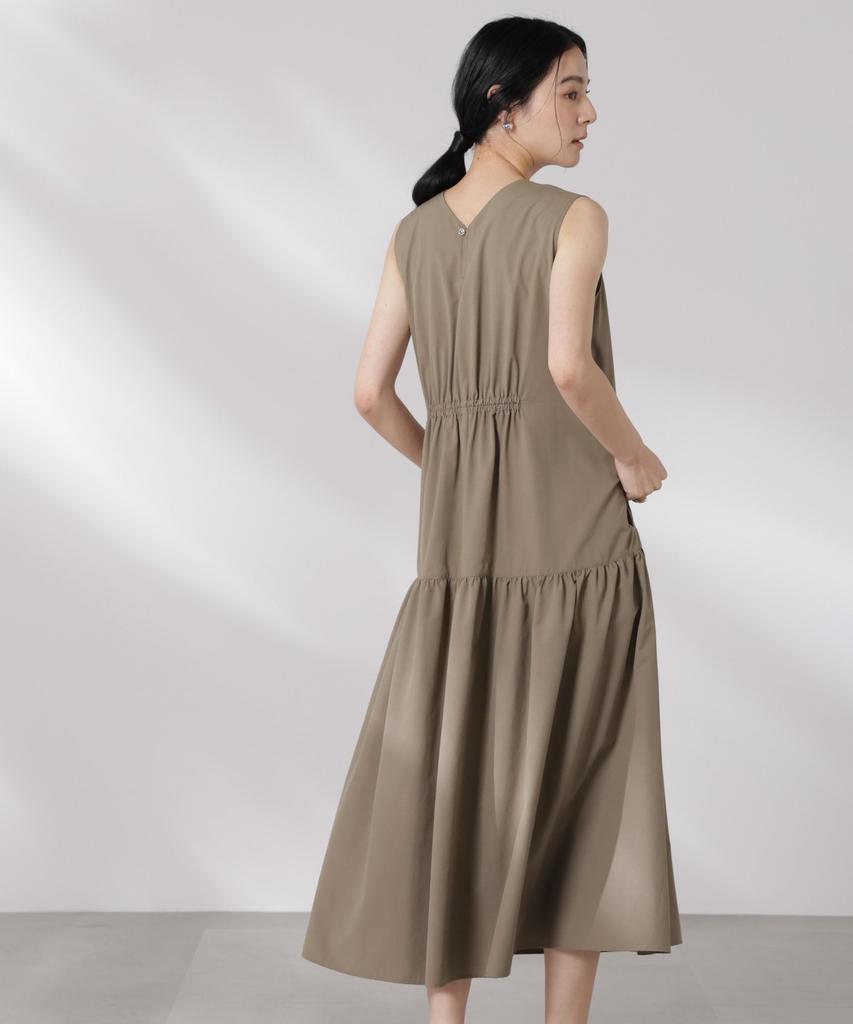 Nano Universe MINOTECH Gathered Tiered Size S (R) V-Neck Dress, Women's, (180), Khaki, 669-5119315