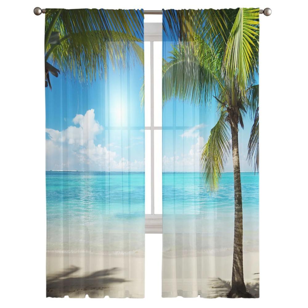 Beach Sky Clouds Coconut Trees Sea Landscape Curtains Tulle For Living Room Bedroom Kitchen Chiffon Sheer Window Treatment Decor