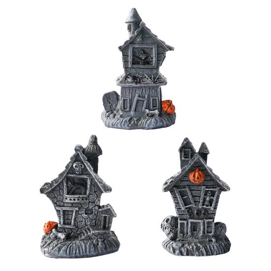 Halloween Haunted House Ornament, Resin Haunted House Miniature, Dark Haunted House Shape with Skull Elements Desktop Decoration for Halloween Micro