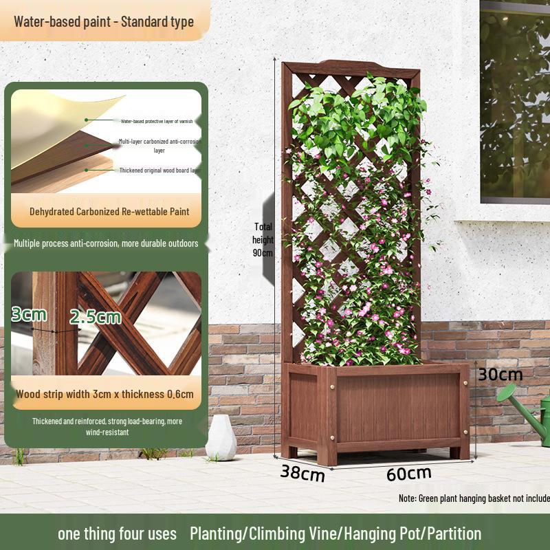 Carbonized Wooden Planter with Trellis: Outdoor Anticorrosive Flower Pot and Climbing Rack for Balcony or Garden.