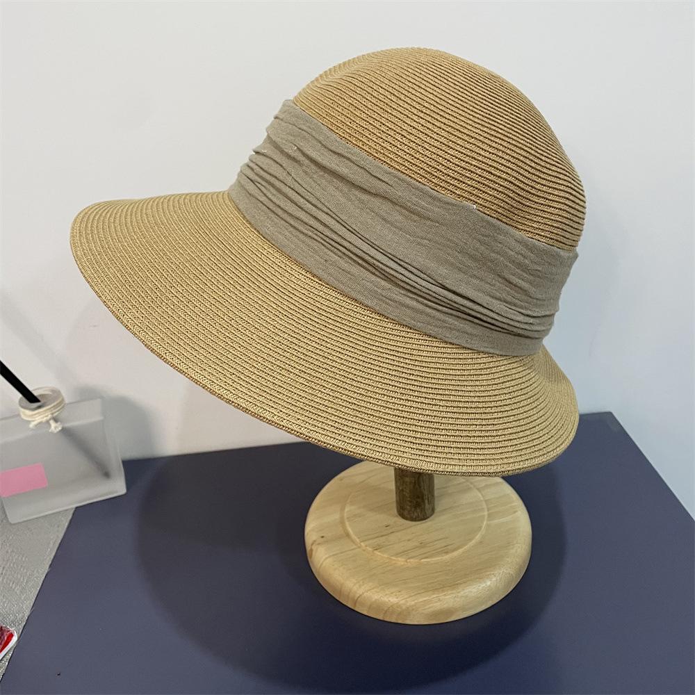 Straw Hat Women's Summer Big Brim Versatile Sunscreen Visor Pleated Seaside Straw Hat Face Covering Sun Hat