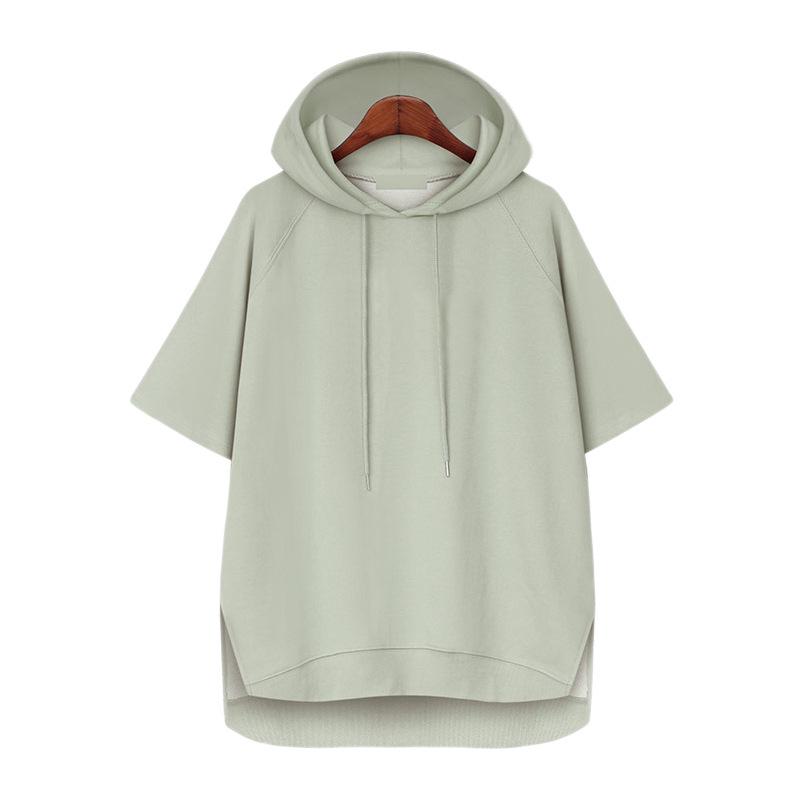 Korean-Style Solid Color Hooded T-Shirt: Simple Summer Drawstring Short Sleeve Loose Fit, for Women, Campus Casual, 200 Jin Size.