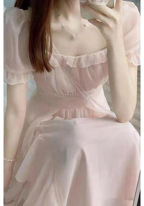 Women's Summer French Square Neck Fairy Dress - Waist Slimming, Medium-Length