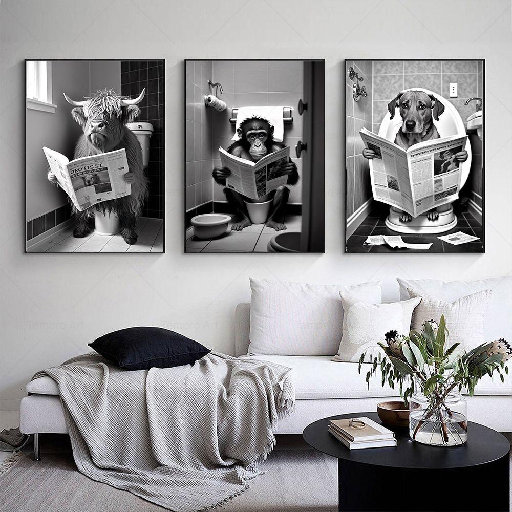 Funny Monkey Bathroom Art - Gorilla Reading Newspaper Toilet Poster Print