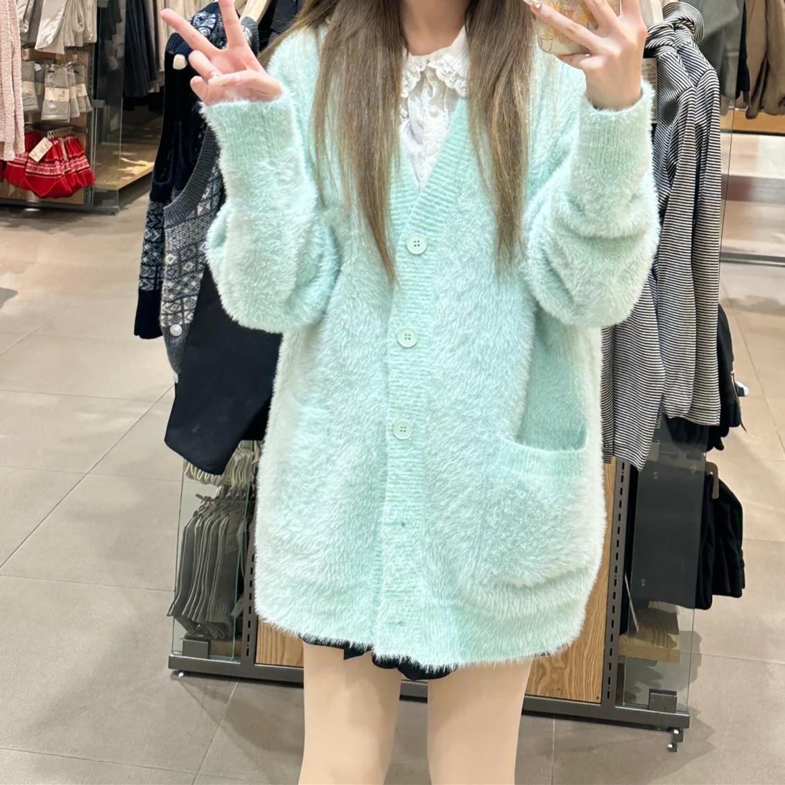 

Американский ретро однотонный имитация норки мягкий ворсистый V-образный вырез вязаный кардиган мягкая ворсистая куртка осень и зима ленивый свитер куртка женская 411-95 (average size) синий