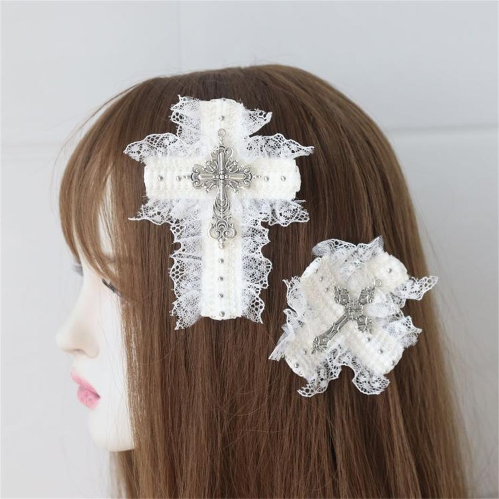 Lace Hair Clip Dark Balletcore Crosses Dark Flat Clip Halloween Hairpin Dark Elegant Hair Clip for Bunches