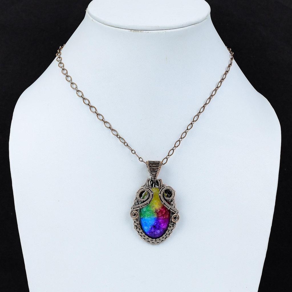 Rainbow Solar Quartz Druzy Pendant Copper Wire Wrapped Pendant Gemstone Copper Jewelry Stylish Pendant Gift For Anniversary Handmade Jewelry