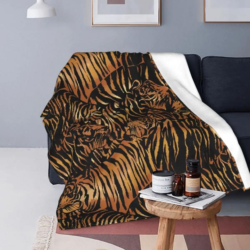 Warm Soft Bedspread King Queen Full Size Brown Tiger Print Flannel Throw Blanket Stripes Animal Fur Pattern Comfy Fleece Blanket