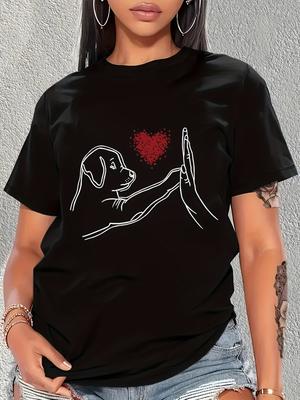 Herz & Niedlicher Hunde-Print Rundhals-T-Shirt Lässiges Kurzarm-Oberteil für Frühling & Sommer Damenbekleidung