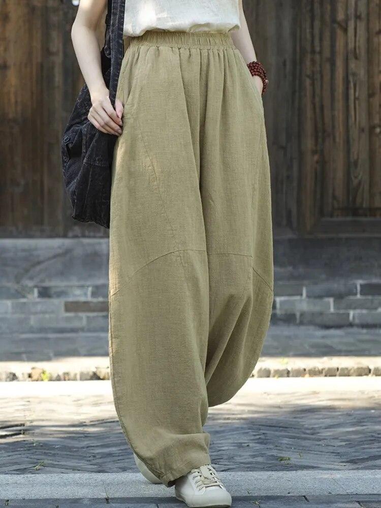 Johnature Mulheres vintage bloomers calças cor sólida retalhos cintura elástica primavera calças soltas de alta qualidade