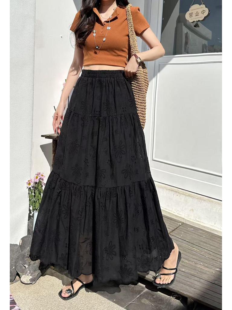 Women's White Embroidered A-line Cake Skirt for Autumn/Winter