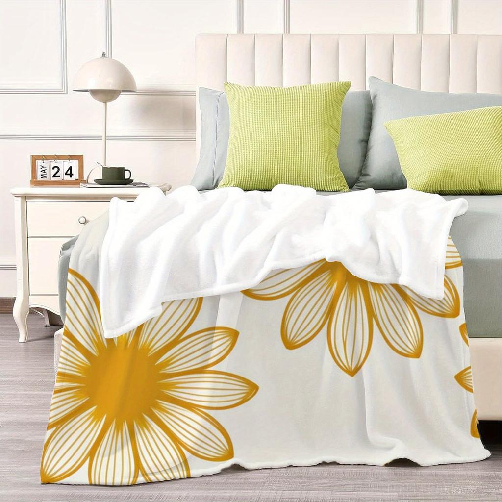 All-Season Flannel Blanket - & Mustard Yellow Daisy Print Soft Warm Bedspread for Winter Lounging Chairs, Couches & Beds - Thick