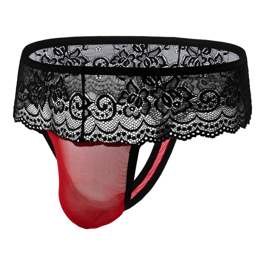 M-2XL Men's Sexy Briefs Lace Embroidery Wide Belt Thongs Panties Mesh Breathable See-Through Gay Erotic Underwear