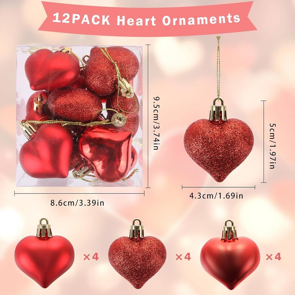 12 Pcs Valentines Heart Shaped Ornaments Heart Tree Ornaments Hanging Hearts Baubles for Valentine's Wedding Anniversary Hanging Decorations (Red)