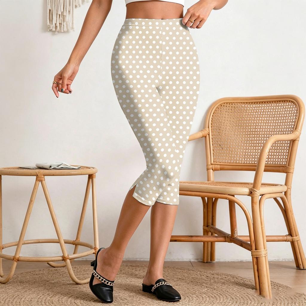 Women’s Elastic Waist Slim Fit Split Hem Capri Pants Casual Polka Dot Print Relaxed Style Lightweight Fabric