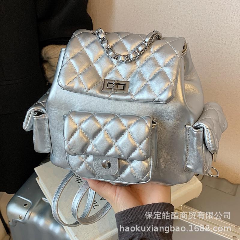 Rhombus embroidery thread niche design women's backpack 2025 new popular versatile chain small backpack bucket small schoolbag