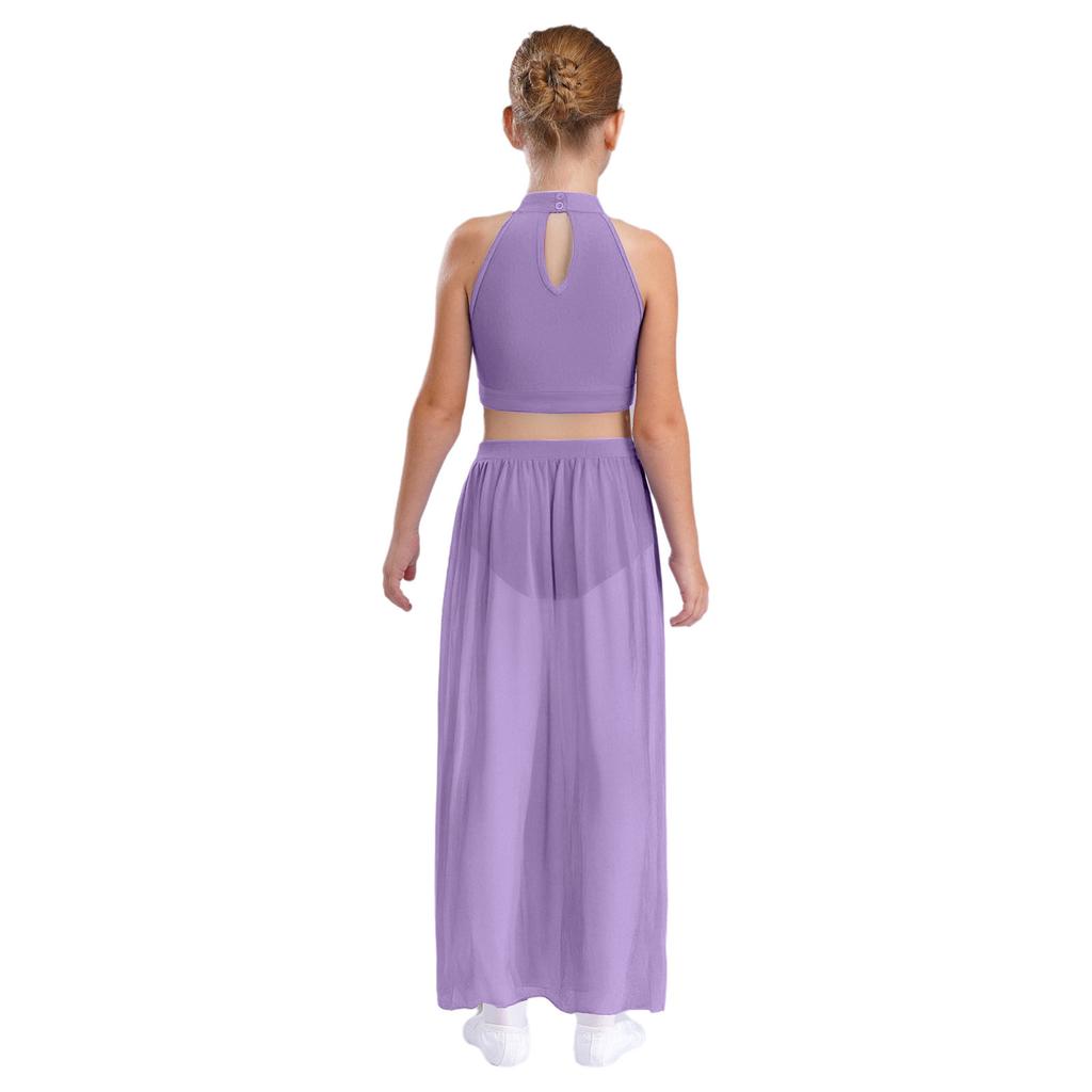 Strój do tańca lirycznego dla dziewcząt Bezrękawnikowy top crop w bloki kolorów Marszczony przód Otwór na plecach Zwiewna spódnica szyfonowa