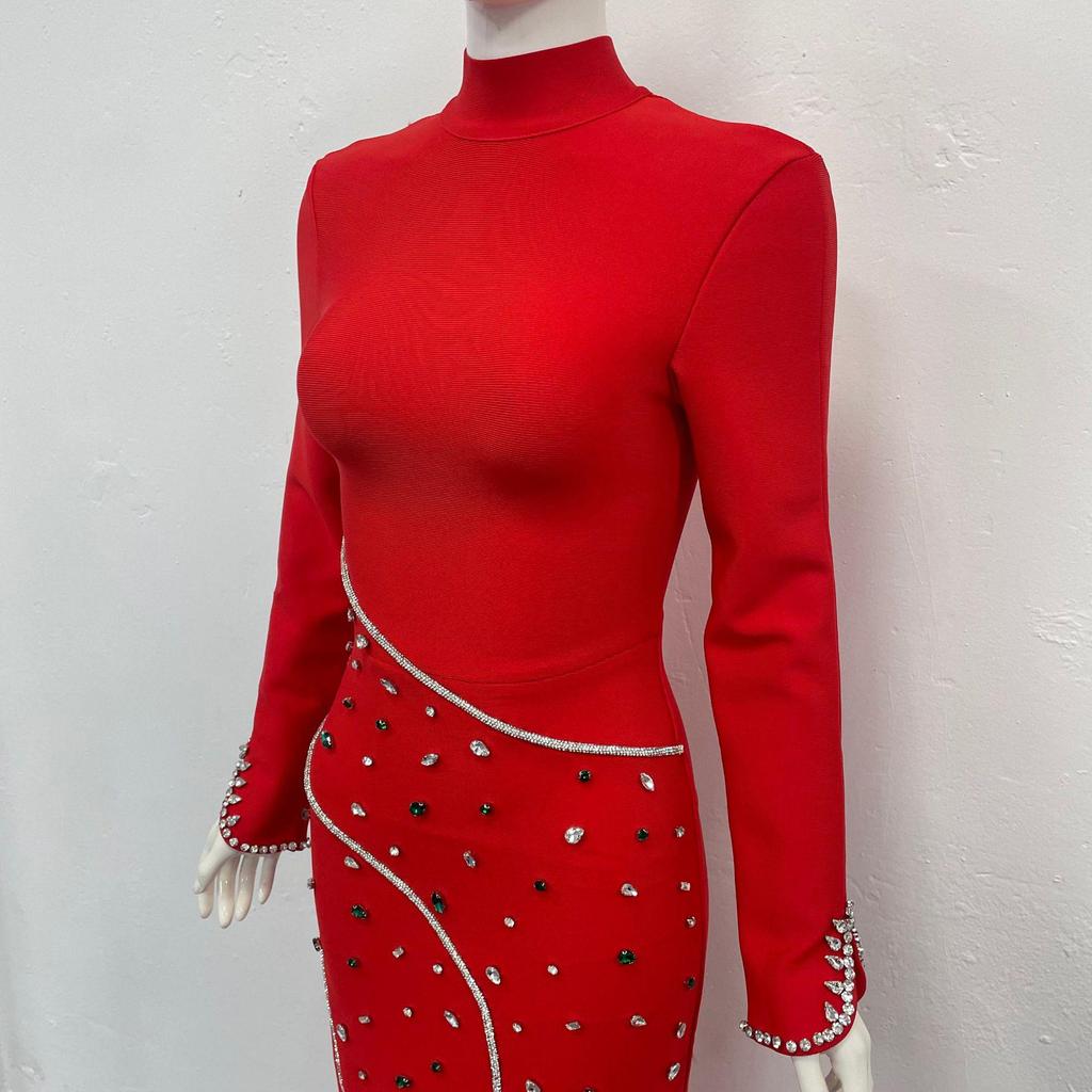 Women's Elegant Rhinestone Round Neck Slim Fit Evening Dress