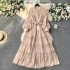 Luxury Party Dress for Women Long Lace Hollow Out Bandage Runway Patchwork Solid Lantern Sleeve Single Breasted Stand Dress