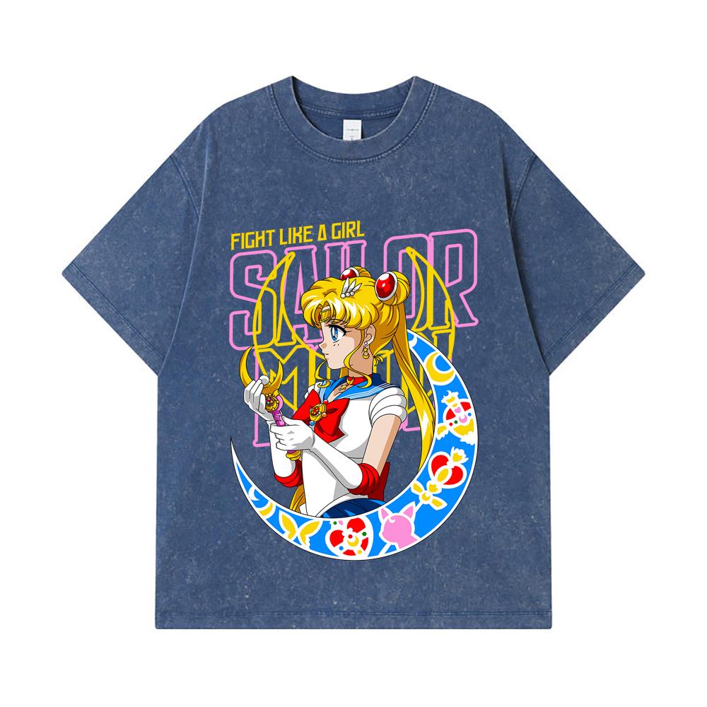 

275 GSM Washed T-shirts 100% Cotton Sailor Moon V8 Minako Print Unisex Heavy Cotton T Shirt 2XL королівський синій колір