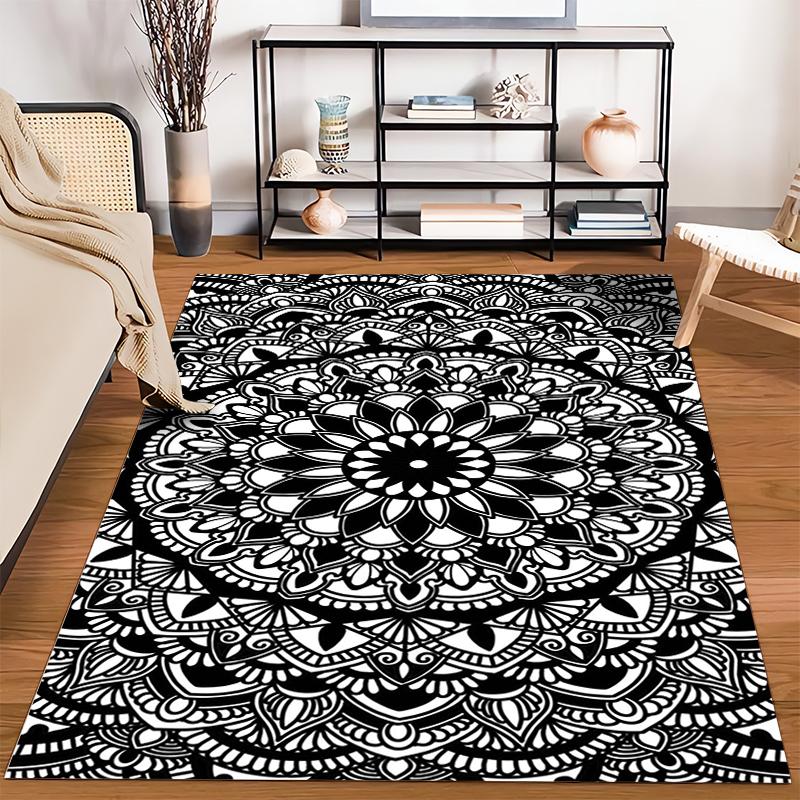 Black and White Mandala Design Rug Non-slip rug suitable for living room and bedroom sofas