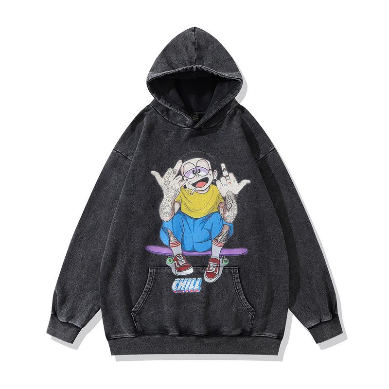 Autumn And Winter 430G Heavy Cotton Hooded Sweater American High Street Retro Skull Print Fried Color Hoodie Men