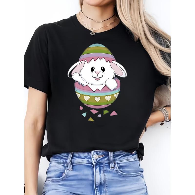 

Women and Mens Casual T Shirt Cute White Bunny Hatching from Colorful Striped Easter Egg with Heart Motifs Crew Neck S чёрный