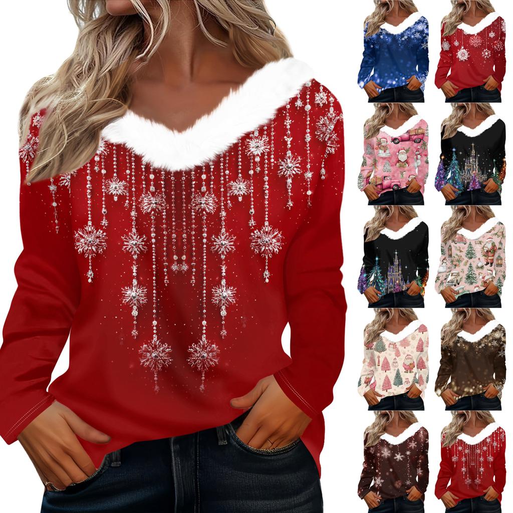 Langermede skjorter for kvinner Søte topper juletrykk T-skjorter Bluser Uformell Pluss størrelse Basic Topper Pullover