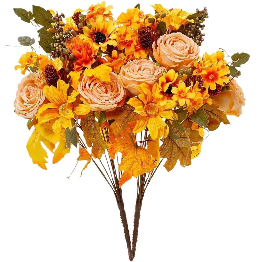 Artificial Mum Bush Sunflowers Faux Fall Chrysanthemums Flower Bouquets Silk Floral Arrangements With Pinecone Stems
