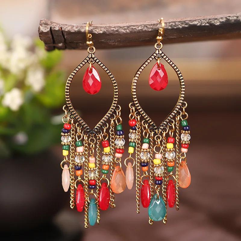 

Bohemian Vintage Crystal Tassel Earrings for Women Ethnic Wind Long Drop Antique Geometric Jewelry Everyday Gift