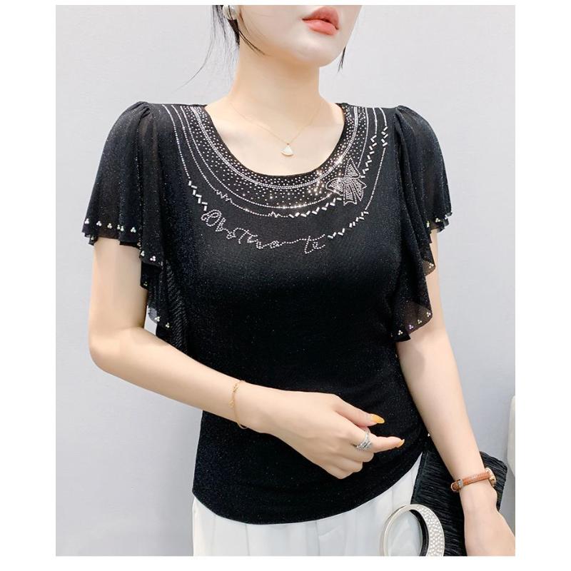 Summer New Design Fashion Unique Necklace Flower Shaped Hot Diamond Round Neck Mesh Versatile All Match Women's Elegant Top