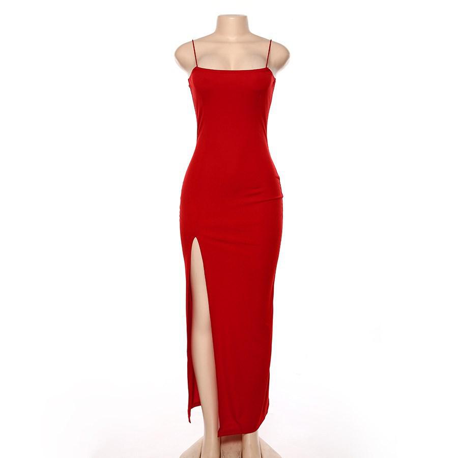 2026 European & American Fashion Slim Waist-Cinching Solid Color Slit Spaghetti Strap Dress for Women