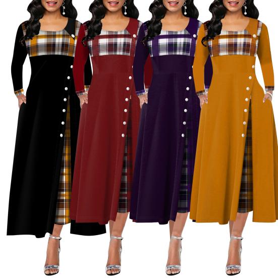 Lady Dress Contrast Colors Plaid Round Neck Patchwork Banquet Dress for Commute