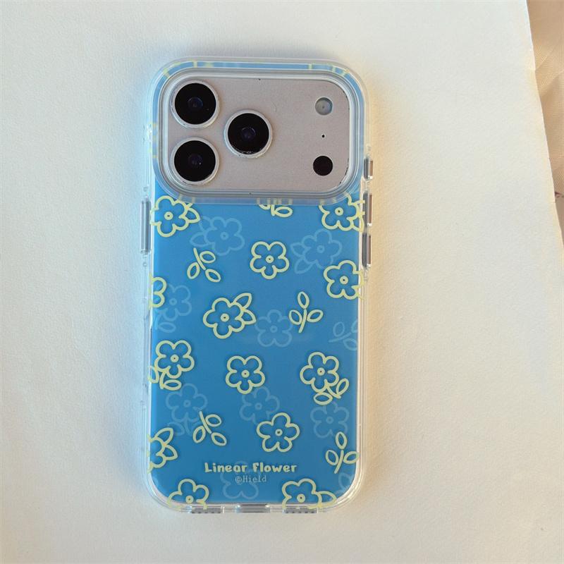 Kawaii Blue Yellow Line Floral Clear Phone Case With Matching Wrist Strap For iPhone 14 15 16 17 Pro Max INS Cute Shockproof Cov