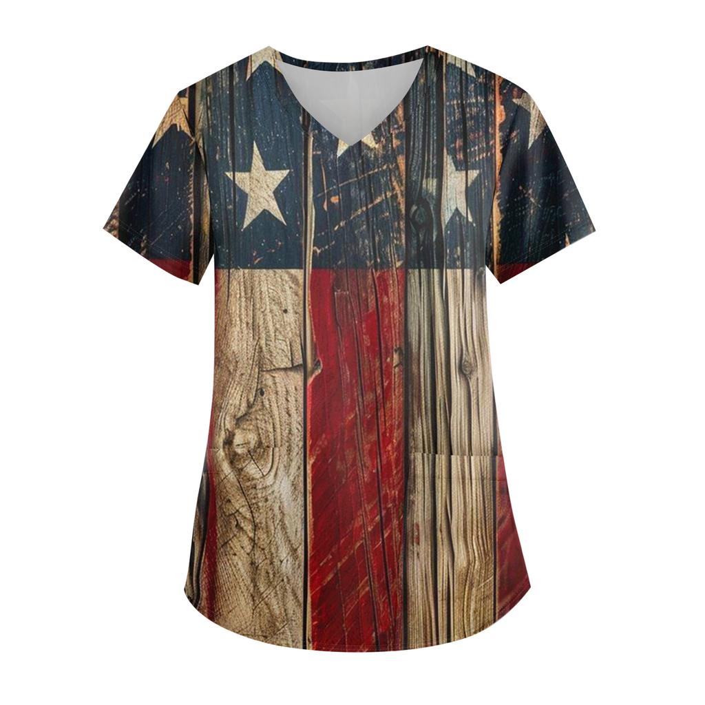 Ladies' Independence Day printed fashionable V-neck pocket short sleeved uniform and caregiver top