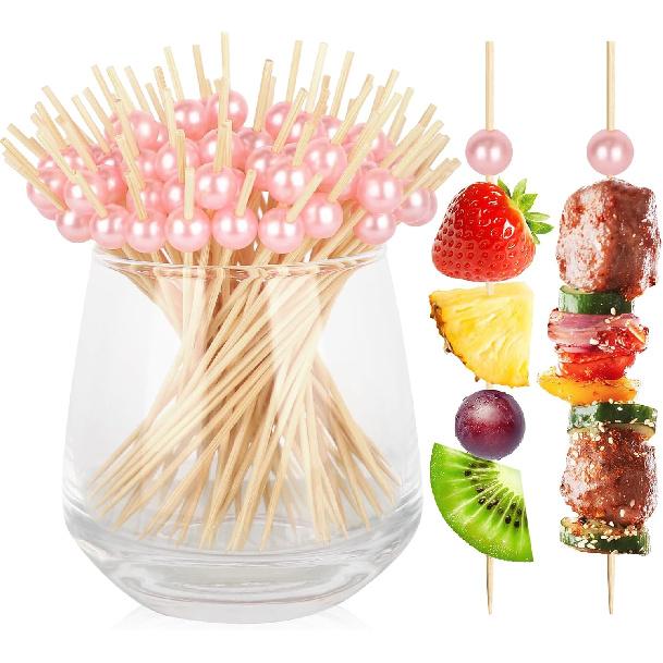 200PCS Cocktail Picks, Pink Pearl Decorative Toothpicks for Appetizers Drinks Fruit Food, 4.7 Inch Long Fancy Bamboo Skewers Wooden Charcuterie