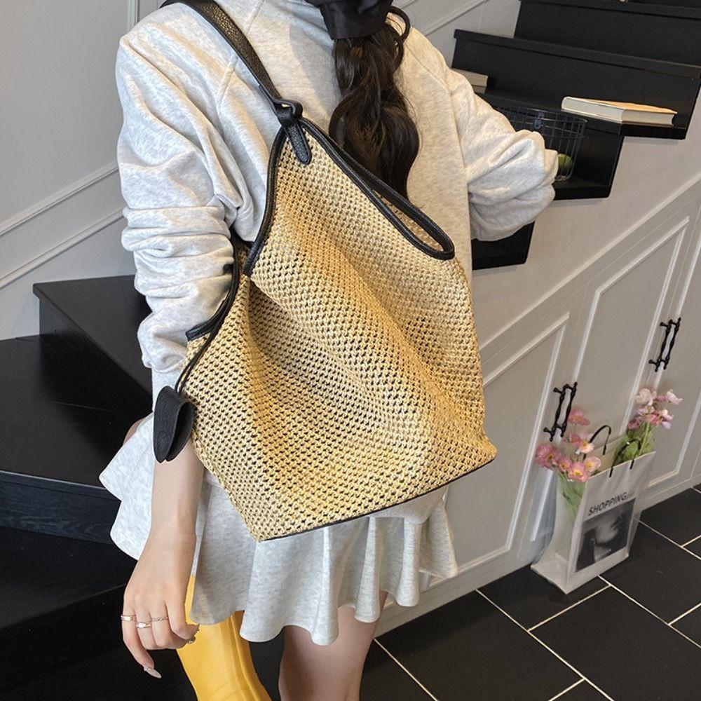 Parent Shoulder Bag Straw Woven Bag Tote Bagwith Sunglasses Clip Hollow Shoulder Bag  Holiday