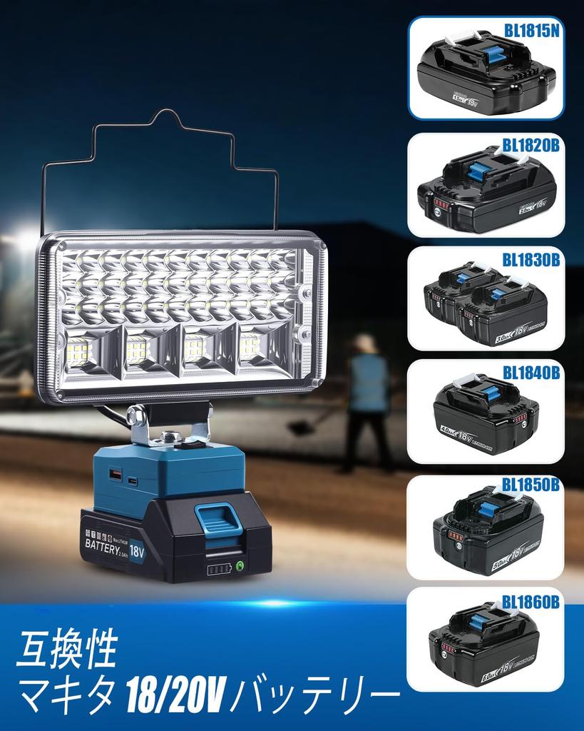 Tumnatt LED Floodlight, Compatible with Makita 18V Batteries, 90W, 8000LM, Rechargeable Work Light, IP65 Waterproof and Dustproof, Leakage and Low