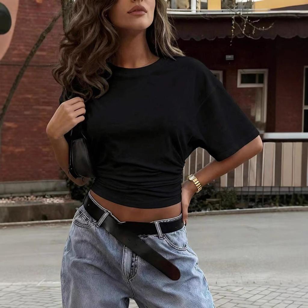 Summer Pleated Solid-color Round-neck Fitted Crop-top Slim-fit Short-sleeve Women's Dress