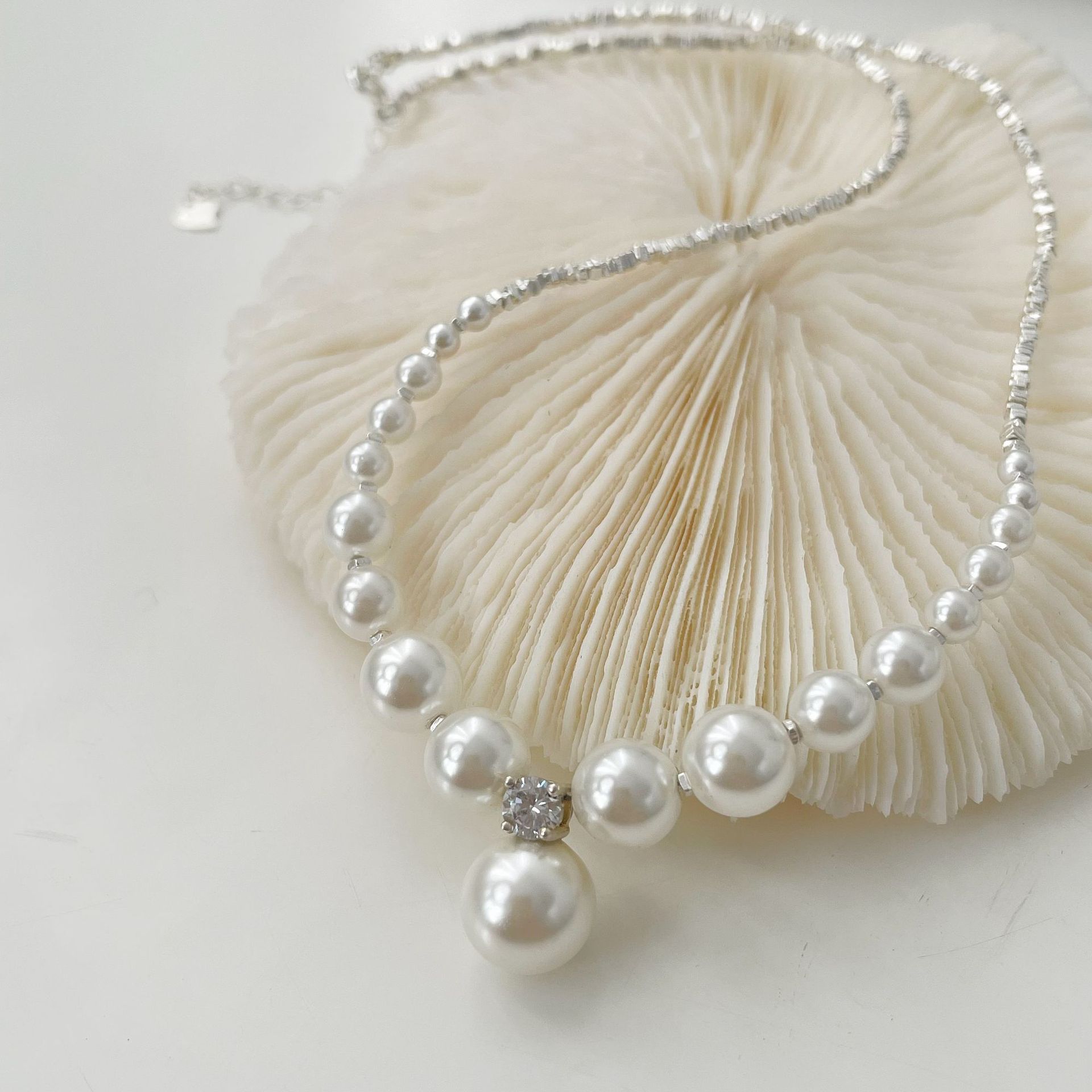 

Новая мода градиентный бисер из чистого серебра воротник-цепочка сильный свет круглый жемчуг ожерелье для женщин 38CM