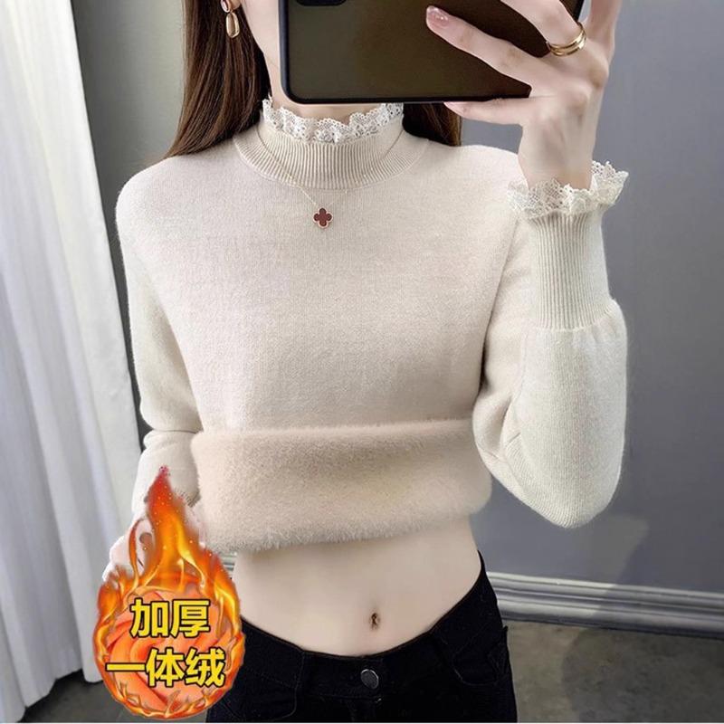 Lace collar integrated velvet inner top to keep warm autumn and winter design sweater women's base layer thick