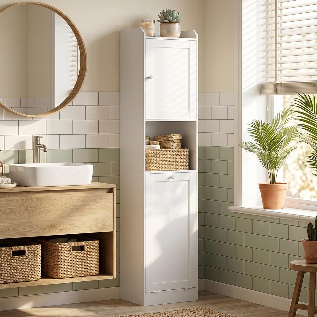 Tall Bathroom Cabinet with Flip Basket and Shelves, 40x30x170 cm, White