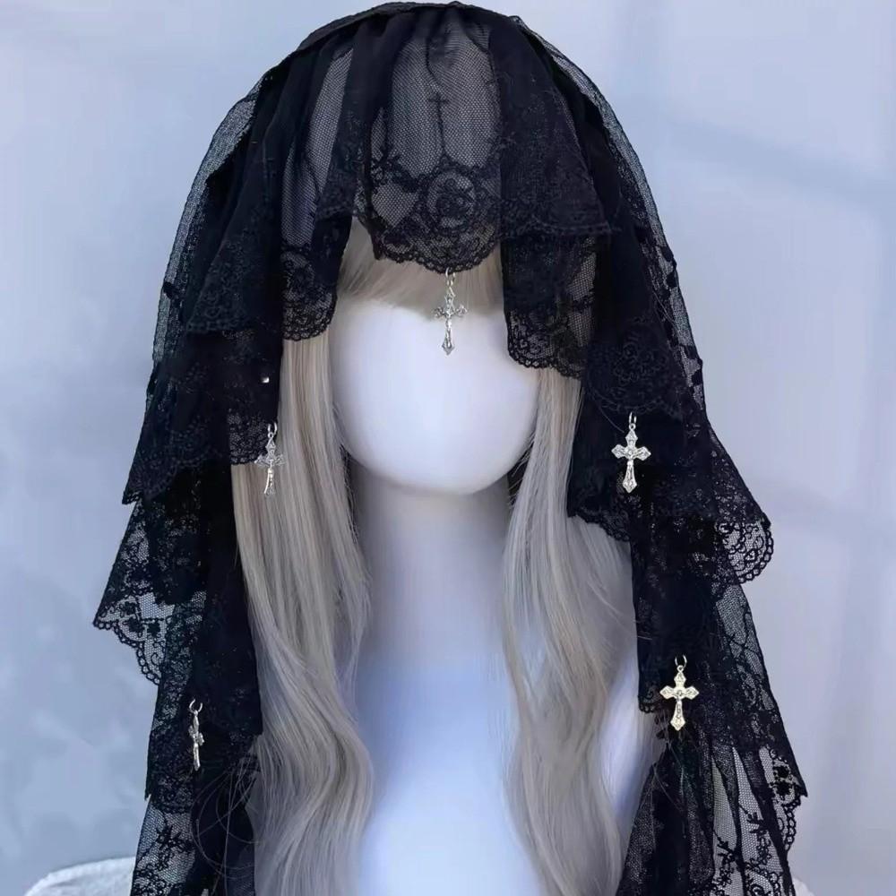 Black and White Lolita Tulle Head Cover Cross Pendant Lolita Lace Veil Y2K Wedding Veil Women